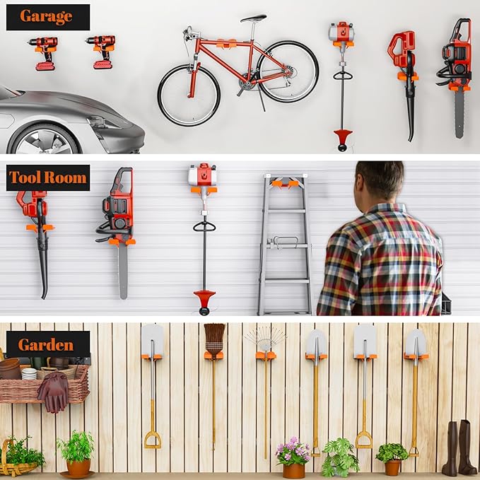 Garage Organizer Trimmer Rack Weedeater Hanger, Garden Power Tool Hanger Weed Whackers Holder Wall Mounted, Heavy Duty Metal Trimmer Hanger for Garage Tool Organizers Storage (Orange-1Pcs)