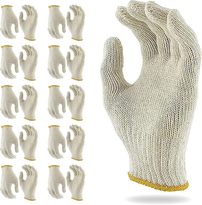 Work cotton Gloves Safety Grip Protection 12 Pairs-Cotton Polyester String Knit Work Gloves for Gardening Mechanic Industrial Warehouse Gardening Construction Painter BBQ Men & Women（Thick-Economic)