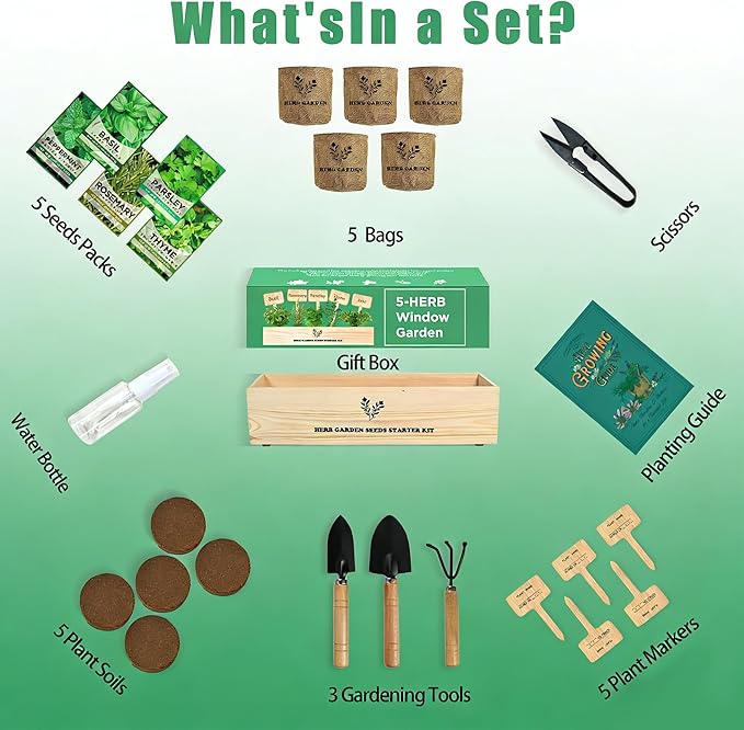 Indoor Herb Garden Starter Kit, 5 Seeds Growing into Basil, Parsley, Rosemary, Thyme, Mint, Including A Planter Box, Soil Discs & Planters with A Gift Box for Women