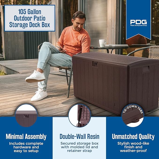 Plastic Development Group Outdoor Storage Deck Box, Standard Closure, 105 Gallon, Java