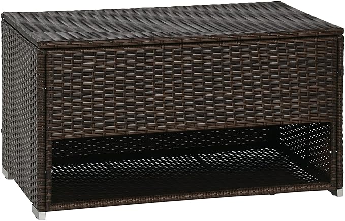 Outsunny Outdoor Deck Box and Shoe Storage, PE Rattan Wicker Towel Rack with Liner for Indoor, Outdoor, Patio Furniture Cushions, Pool, Garden Tools, Brown