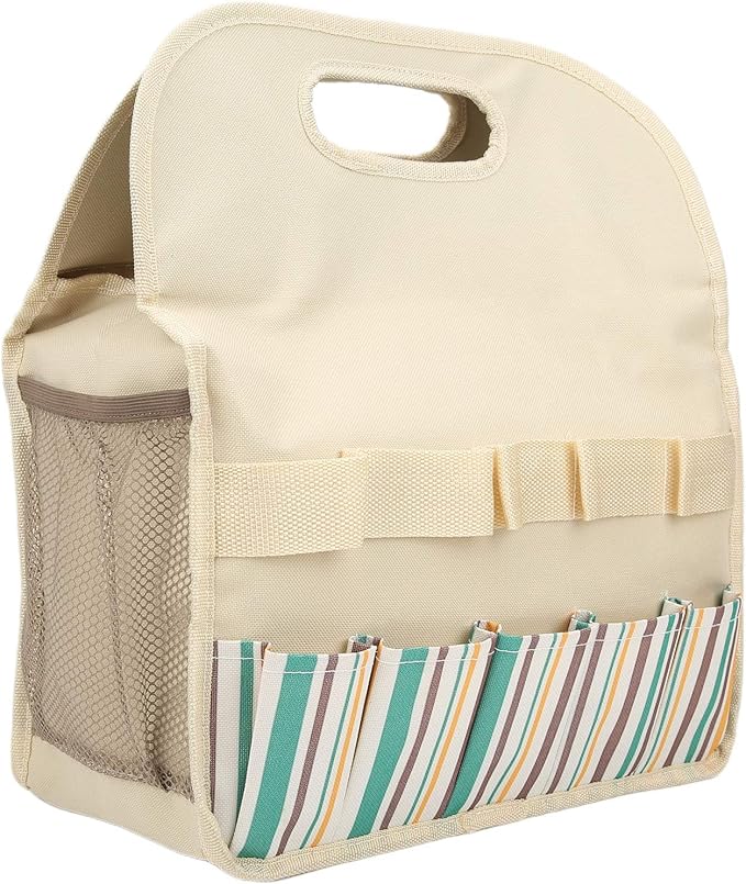 Large Capacity Multifunctional Garden Tool Bag with PE Board 600D Oxford Camping Storage Organizer 10 Pockets Beige Stripe