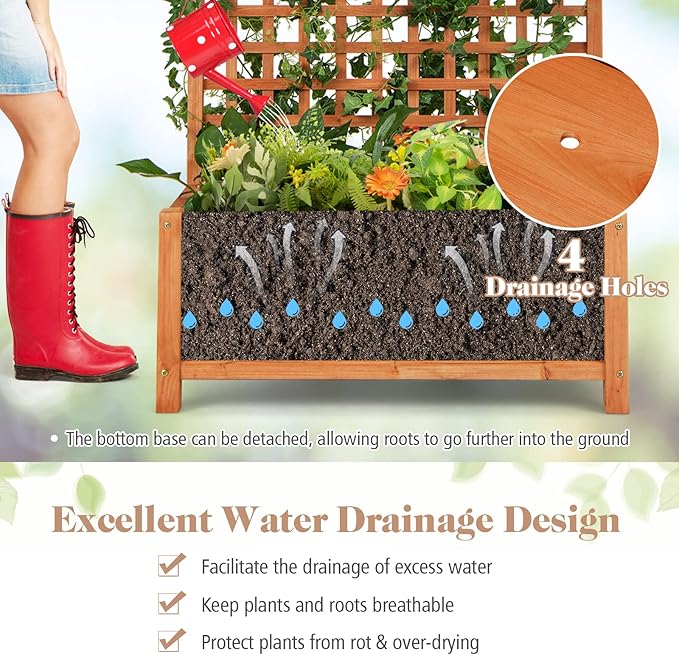 S AFSTAR Raised Garden Bed with Trellis, Wood Elevated Planter Box with Hanging Roof & Climbing Trellis, 4 Drainage Holes, 72.5" Tall Freestanding Planter Container for Vine Climbing Plants Flowers
