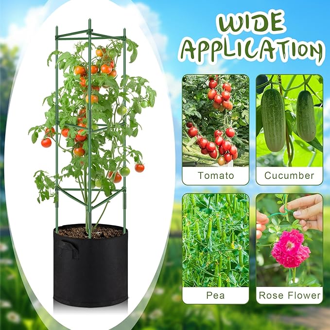 3 Pack 47" Tomato Cages with 10 Gallon Grow Bag Adjustable Tomato Cages for Garden Trellis Pots for Potted Plants Vertical Climbing Vegetables Outdoor Indoor