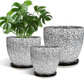 Ceramic Pots for Plants - 10+8+6 Inch Round Flower Pots with Drainage Holes and Saucers, Decorative Planters for Indoor Outdoor, Porch Decor, Housewarming Gifts, Set of 3, White-Black