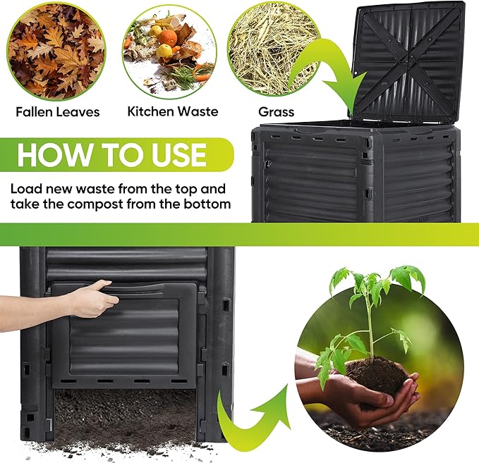 JupiterForce Garden Compost Bin 80 Gallon (300 L) from BPA Free Material, Large Composting Bin Outdoor Composter with Gloves, Easy Assembling, Fast Creation of Fertile Soil, Lightweight, Black