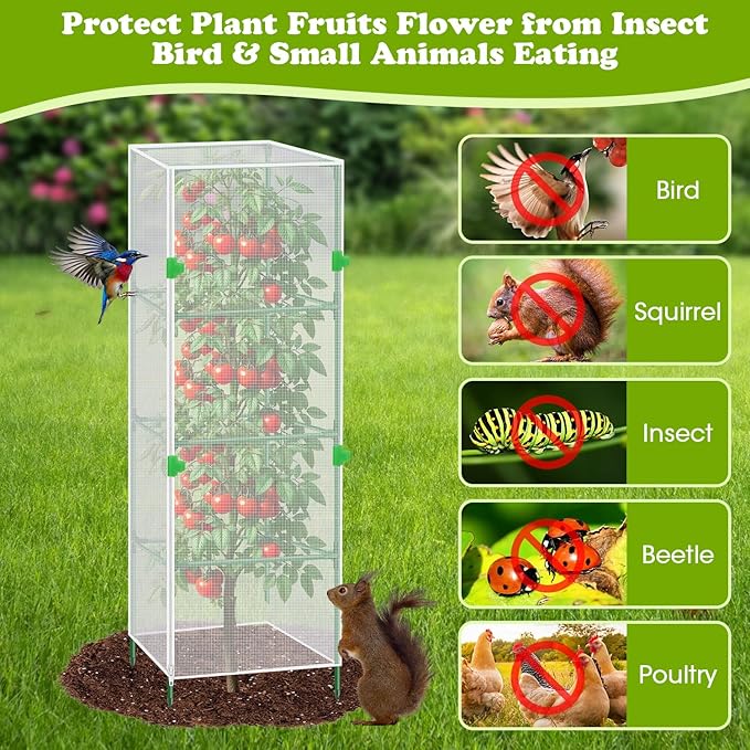 3Pack Garden Bird Netting Plant Cover for Square Tomato Cage,55.1"x15.7" Insect Bird Barrier Tomato Cage Net with Zipper&12pcs Clips,Tomato Trellis Netting Protection Mesh Cover for Protecting Plants