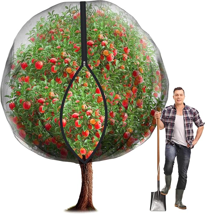 10.8 x 9.8 Ft Black Large Fruit Tree Netting with Zipper and Drawstring, Breathable Mesh Garden Bird Netting Plant Cover, Insect Bird Barrier Net Mesh for Protect Fruits Plants from Squirrel Bugs
