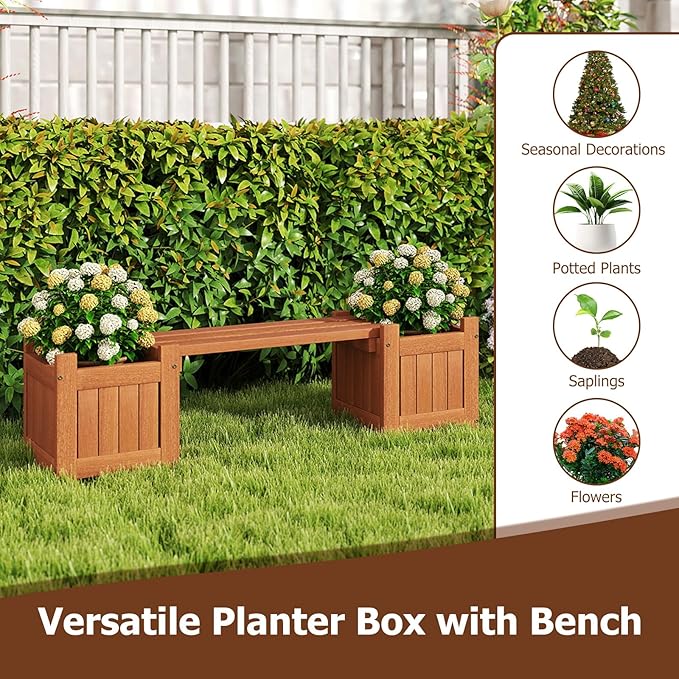 Giantex 2-in-1 Outdoor Bench with 2 Raised Garden Beds, Wood with Teak Oil Finish, Planter Boxes with Open-Ended Base, Garden Bench Seat for Porch Balcony Lawn Yard, DIY Assembly, 42"x11"x11.5"