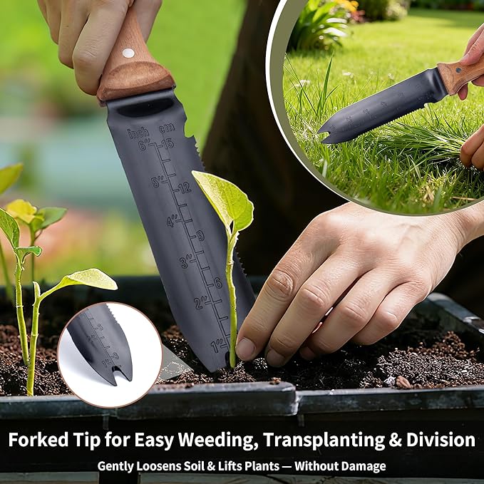 YANG Hori Hori Garden Knife, 7" Stainless Steel Gardening Knife with Oxford Cloth Sheath, Full Tang Beechwood Handle Garden Tool for Dividing Plants & Weeding, Forked Tip for Transplanting