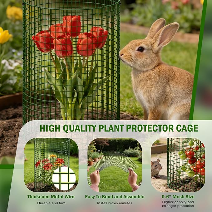 Uyittour 10 Pack Plant Protectors from Animals, 12" x 16" Round Metal Wire Garden Plant Cages to Keep Animals Out, Rabbit Proof Protection for Vegetables & Flowers with Stakes, Zip Ties & Gloves