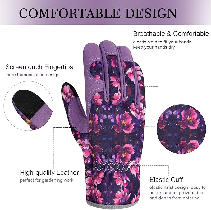 Leather Gardening Gloves for Women Thorn Proof Garden Gloves Touch Screen Working Gloves Gifts,M