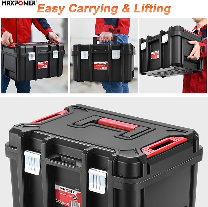 MAXPOWER 16 inch Plastic Tool Box, Black Deep Toolbox with Metal Latches and Removable Tray, Pack of 1