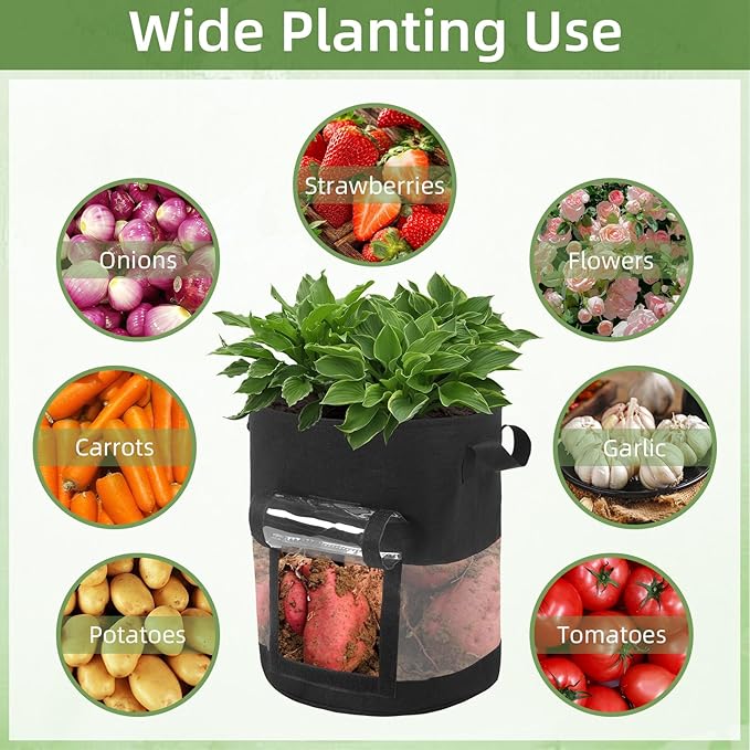 6 Pack 10 Gallon Visible Potato Grow Bags, Thickened Nonwoven Fabric Pots Potato Growing Containers with Handles & Visible Flap, Plant Grow Bags for Growing Potatoes, Tomatoes, Flowers, and Vegetables