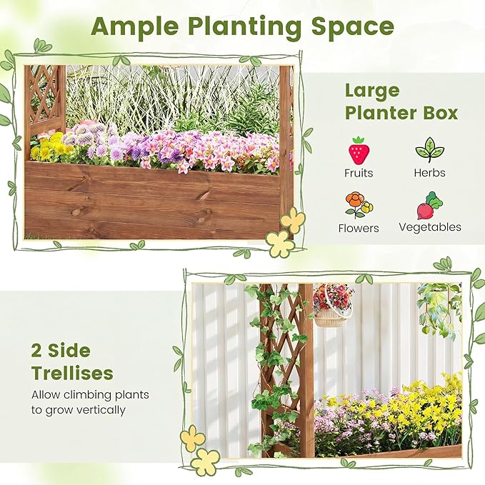 Giantex Raised Garden Bed with Sided Trellis & Roof Set 2, 31”x16”x41” Wood Elevated Planter Box, Freestanding Garden Planter Raised Bed for Flowers Herbs Climbing Vines,Brown