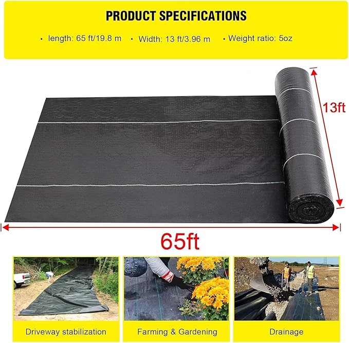 forimo Driveway Fabric, 13x65 ft Road Fabric Commercial Barrier Fabric, Landscape Fabric Heavy Duty 5OZ French Drain Fabric for Erosion Control,Landscape Fabric,Construction Projects