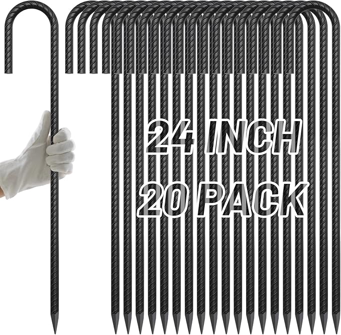 AAGUT Rebar Stakes 24 Inch J Hook Heavy Duty 20 Pack, 1/2 Inch Extra Long Tent Stakes with Chisel Point End, Black Coated Metal Ground Anchors for Garden, Chain Link Fence, Camping, Greenhouse