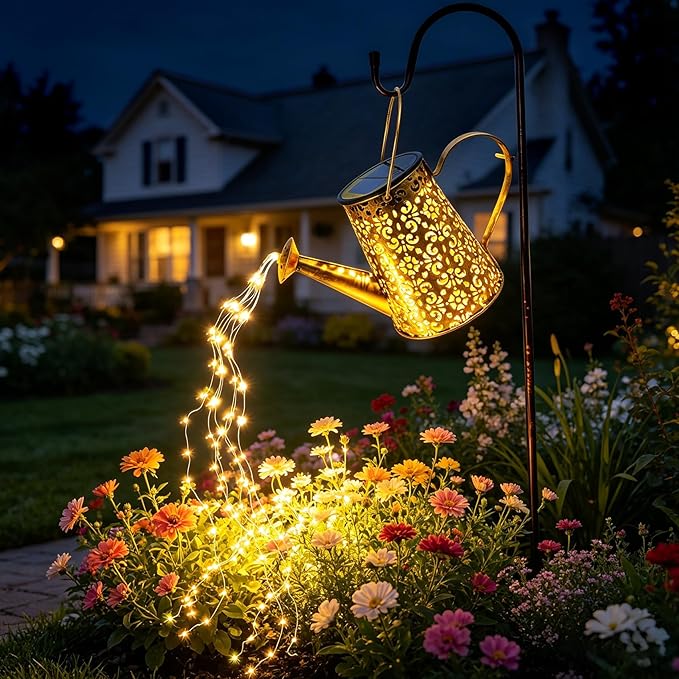 Anordsem Solar Garden Lights Decorative - Metal Watering Can with Cascading and Hook - Waterproof Hanging Lantern Outdoor Yard Lawn Decor - Birthday Gardening Gifts for Mom Grandma
