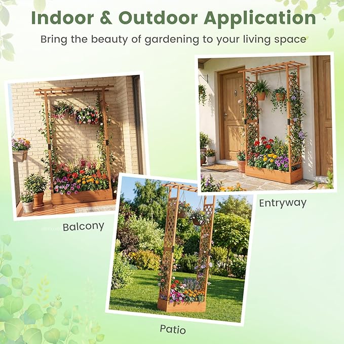 Giantex Wooden Raised Garden Bed with Trellis & Hanging Roof, 2 Pack Fir Wood Planter Box, 89” Freestanding Elevated Garden Bed for Outdoor Climbing Plants Vegetables Flowers, Patio & Balcony, Orange