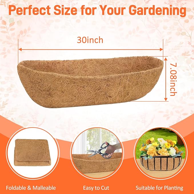 4 Pack 30 Inch Trough Coconut Liners for Planters- Natural Coco Liner Window Box Liners Replacement, Coconut Fiber Planter Liner for Outdoor Flower Planters, Deck Railings, Fence and Balcony