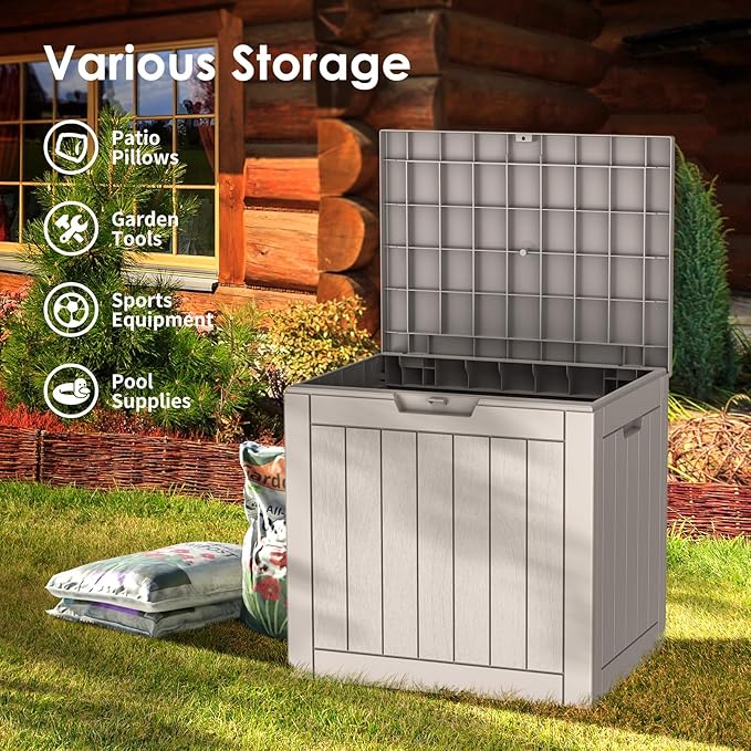 Vixzen 30 Gallon Resin Deck Box - Lockable Outdoor Storage for Patio Cushions, Garden Tools, Pool Supplies（Grey，30 Gallon）
