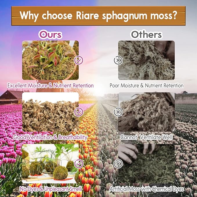 Riare 1.1 LBS Premium Sphagnum Moss- Natural Long Fibered Sphagnum Peat Moss Plants Moss Dried, Carnivorous Plants Moss Orchid Potting Mix for Orchids, Succulent, Reptiles (20QT)