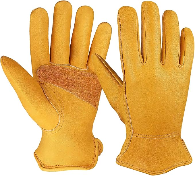OZERO Gardening Work Gloves Men,1 Pair Insulated Heavy Duty Cut Resistant Thorn Proof Leather Cowhide Mens Women Mechanic Garden Gloves for Driving Welding-Large