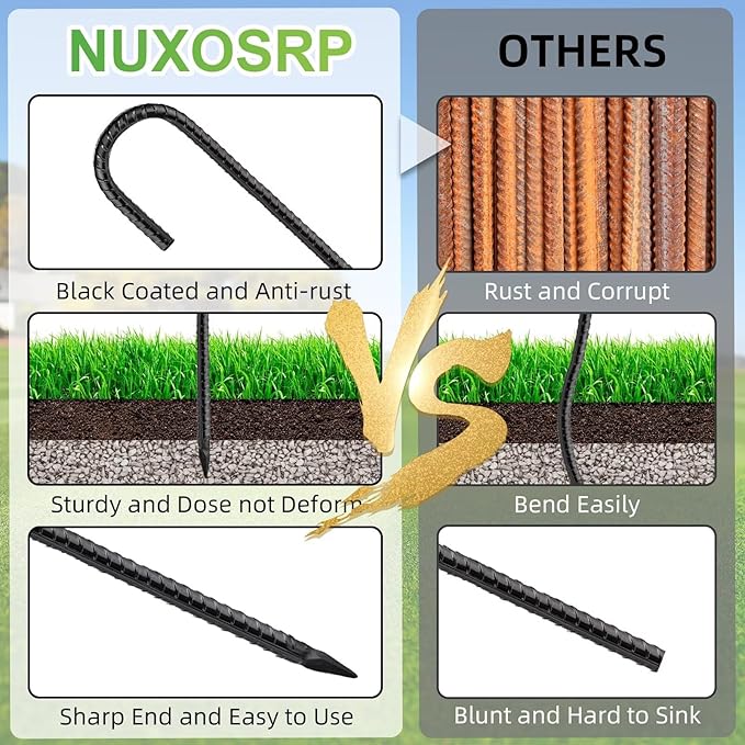 Black Rebar Stakes 12 inch (8pcs) - Heavy Duty 6mm Metal J Hook Ground Stakes,Galvanized Steel for Tent,Bounce House,Fence,Dog Coop,Artificial Turf,Outdoor Plants,Christmas & Holiday Decorations