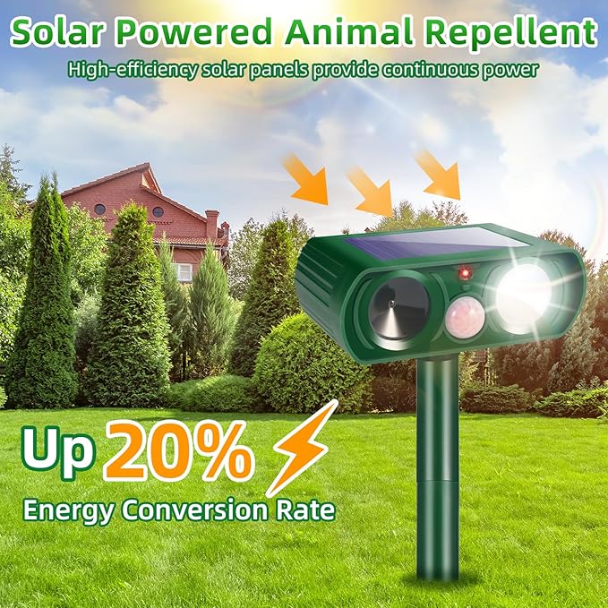 4 Pack Solar Ultrasonic Cat Deer Dog Possum Skunk Rodent Repellent Keep Pest Away Motion Activated with Flash Light for Yard Garden,IP65 Waterproof Squirrel Racoon Fortress Pro Animal Repeller Outdoor