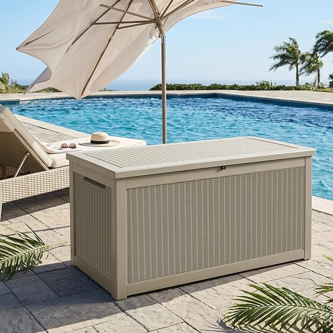 320 Gallon Outdoor Storage Deck Box Waterproof Resin Lockable Outside Bench Porch Patio Furniture Pool Float Garden Tool Cushion UV Resistant Bin Beige