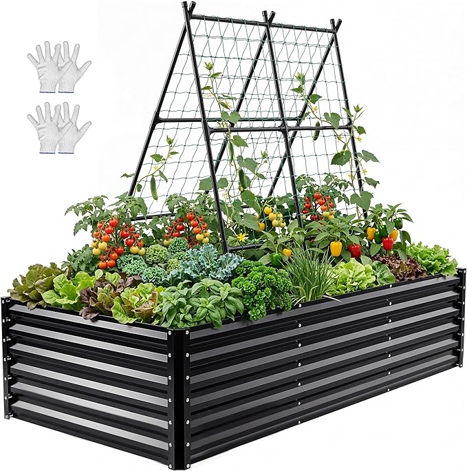YITAHOME 8x4x2ft Galvanized Raised Garden Bed with Cucumber Trellis, Metal Planter Box with A-Frame Metal Trellis, Vertical Netting, Gloves, Outdoor Flower Bed for Vegetable Bean Grape Flowers, Black