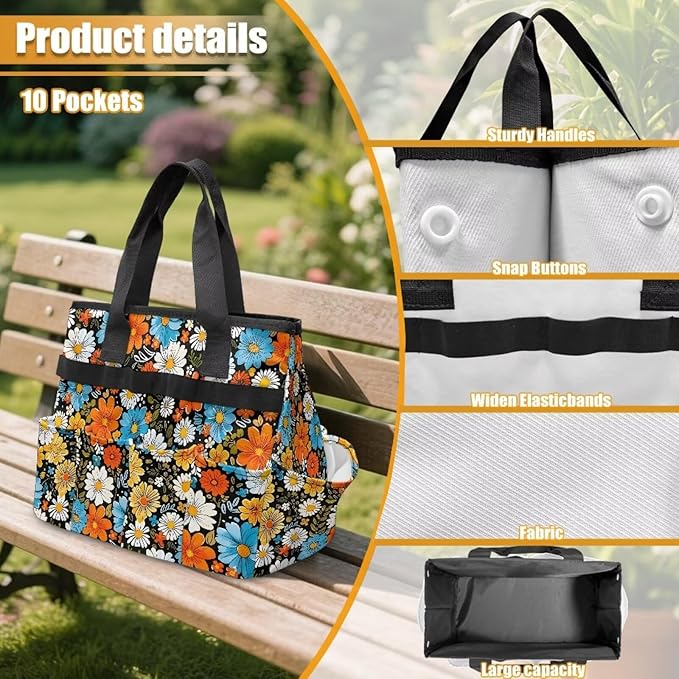 Hippie Flower Garden Tool Bag Portable Gardening Tool Organizer Bag with 10 Pockets and Handle Tool Carrier and Storage for Garden Lawn Yard Casual Camp