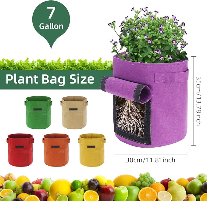 6 Pack 7 Gallon Potato Grow Bags With Flap and Handle, Garden Planting Bag, Nonwoven Fabric Vegetables Growing Bags for Tomato Carrot Onion
