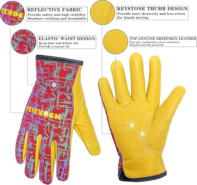 Kids Leather Gardening Work Gloves, Safety Gloves, Reflective Breathable Design, for Children Gardening& Outdoor (Red, X-Small (1-2 Years Old))