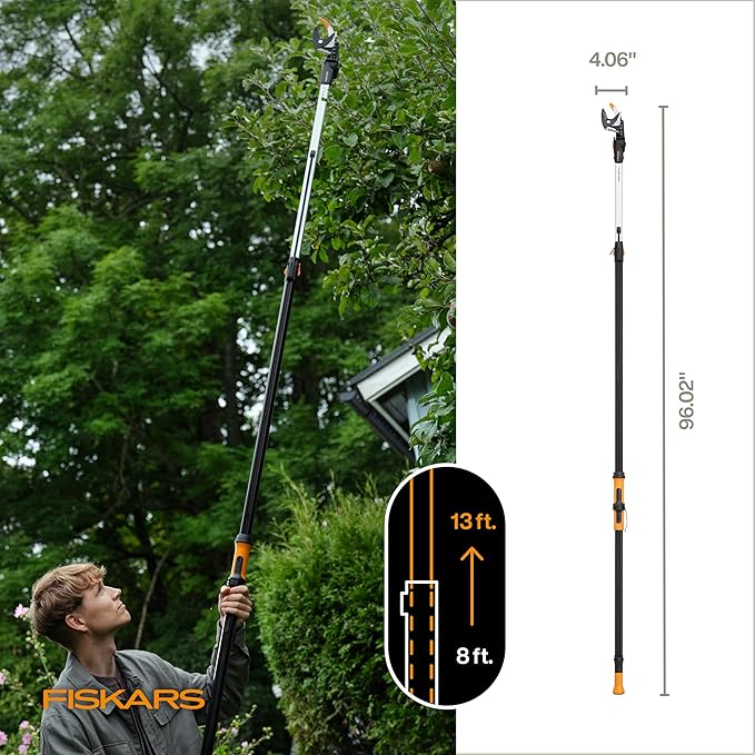 Fiskars DualAction Tree Pruner – Telescoping Tree Pruner with Dual Cutting Modes, Extendable 13 ft Reach, 32 mm (1.25") Cutting Capacity