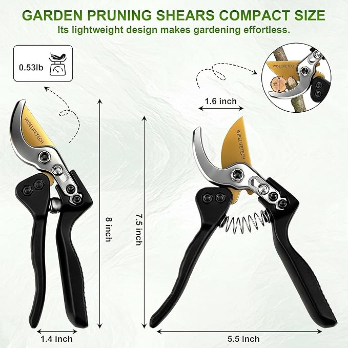 Pruning Shears Heavy Duty, SK5 Steel Bypass Hand Pruners with Teflon Coated Blade, Gardening Scissors for Trees, Shrubs, Roses & Plants, Ergonomic Non-Slip Grip, Clean Precision Cutting