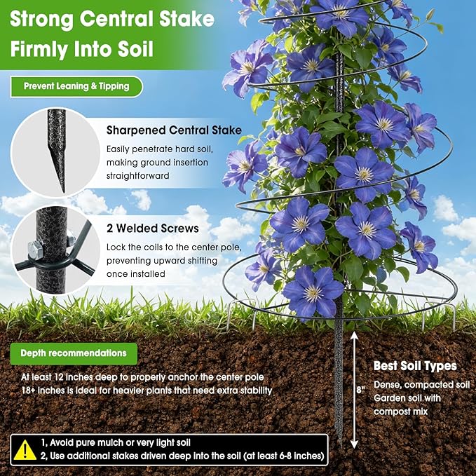 Trellis for Climbing Plants, 2PCs 75” Metal Spiral Frame Pea Trellis with Center Pole, Adjustable Vine Plant Tower Supports for Outdoor Beans,Cucumbers,Vegetable,Flowers,Pots,Garden Raised Bed,12” Dia