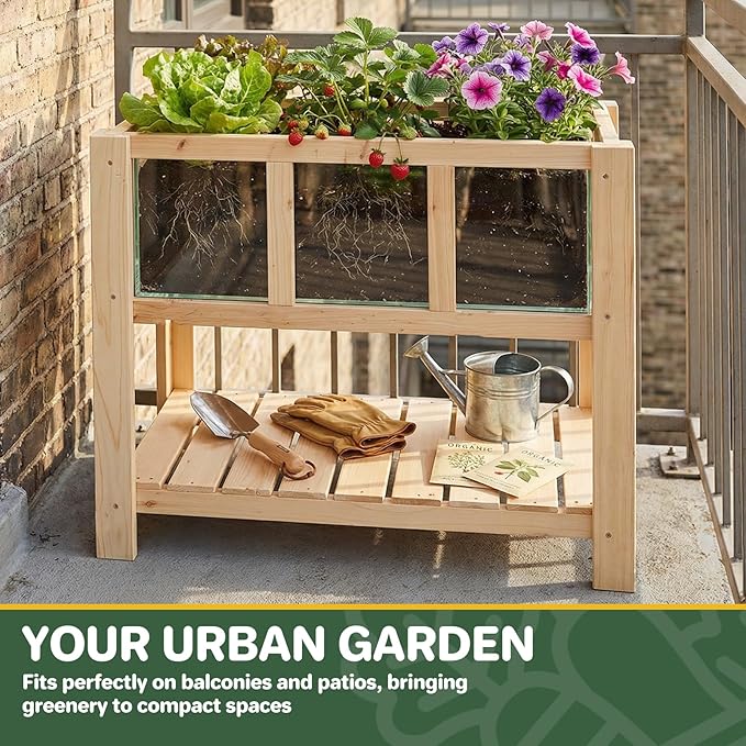 Raised Garden Bed for Small Balcony, 28.3''x16.3''x23.6'' Wood Planter Box with Transparent Window, Drainage Holes, Storage Shelf, Garden Beds Flower Stand Patio Kitchen, Gift for Gardening