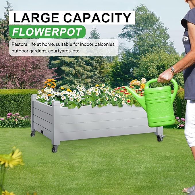 Elevated Raised Garden Bed with Wheels, Outdoor Large Resin Patio Planter Box Stand Divisible with Drain Plug,Water Monitor for Plants Vegetables Flowers Fruits(Ashen)