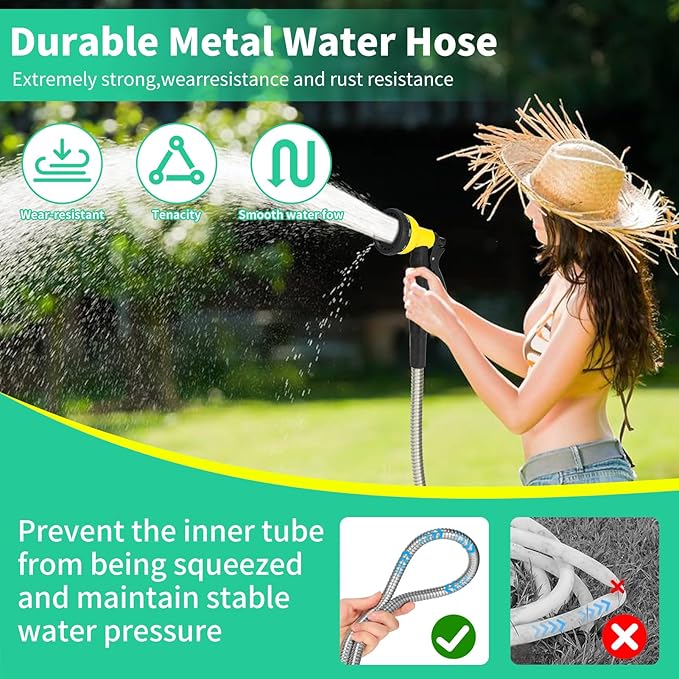 50ft Water Hose, Heavy Duty Stainless Steel Garden Hose with 10 Function Nozzle, Lightweight Metal Hose, No Kink, Leak-proof, Puncture Resistant for Yard, Outdoor, RV