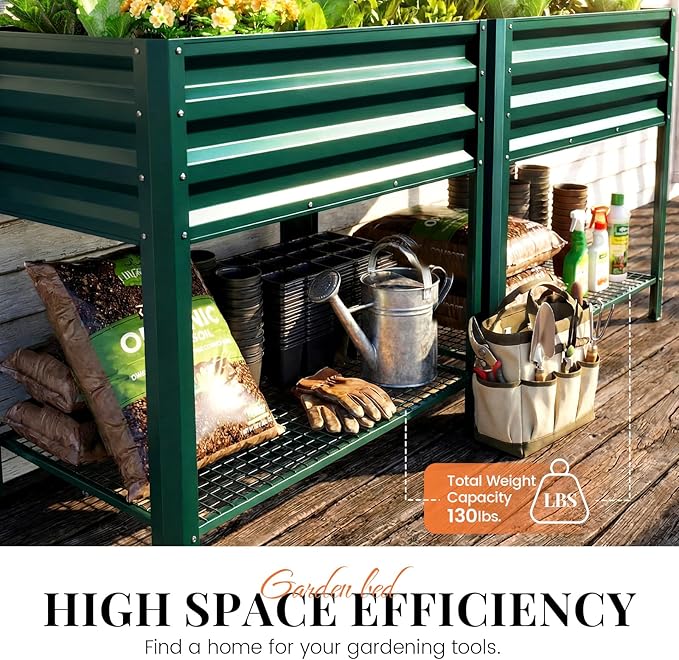 KING BIRD Large Raised Garden Bed with Legs & Storage Shelf Galvanized Elevated Planter Box for Backyard, Patio, Balcony, 600lb Capacity, Green 70.9x22.8x31.5 in