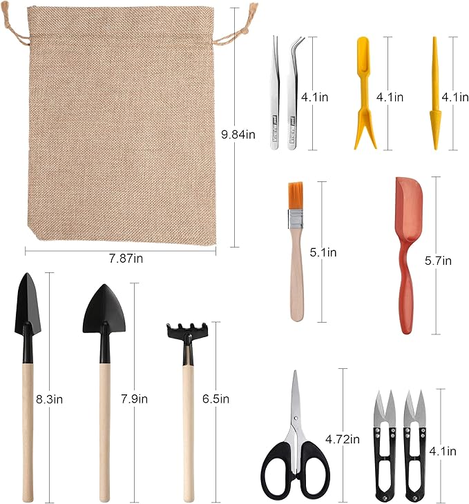 13 Pieces Bonsai Tools Set Succulent Mini Garden Hand Tools Includes Pruning Shears, Mini Rake, Fold Scissors, Bud and Leaf Trimmer for Small Fairyland Gardening Plant