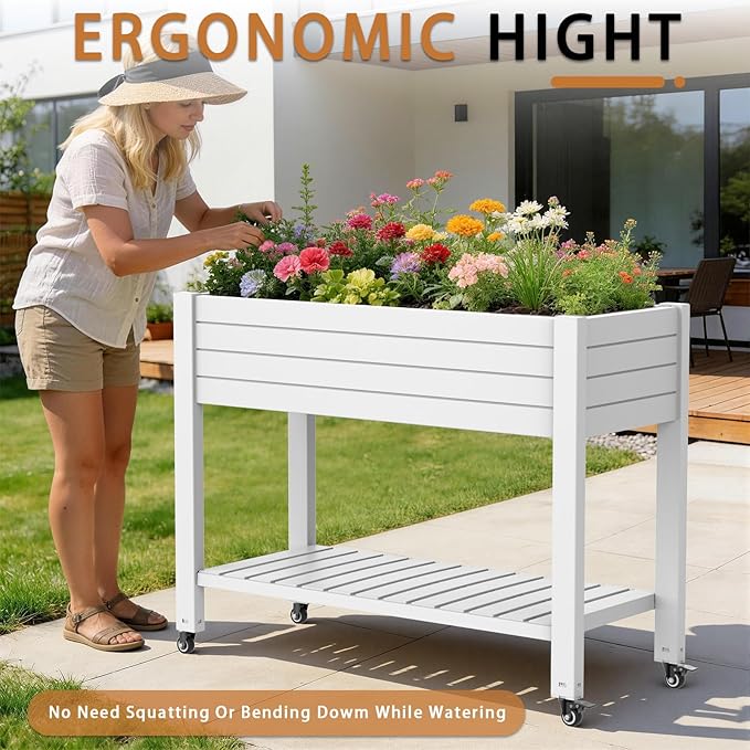 EasyUp 21 Gallon Elevated Raised Garden Bed with Storage Shelf & Lockable Wheels, Weatherproof Mobile Planter for Patio, Balcony, Vegetables & Flowers (Ashen)