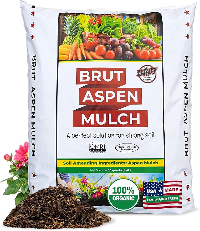 Brut Organic Aspen Mulch – 10 Quarts, Natural Moisture Retainer & Root Protector – Odor-Free, Nutrient-Rich Bark Mulch for Landscaping, Garden Beds & Potted Plants