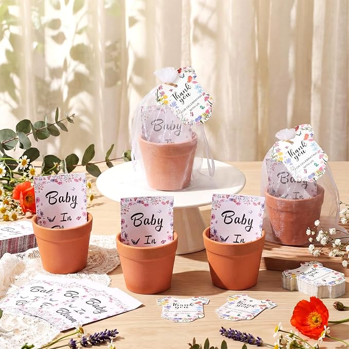 Ctosree 50 Sets Wildflower Baby in Bloom Baby Shower Seed Packets Favors for Guests Include Self Adhesive Seed Packets (No Seeds) Clay Plastic Flowerpot Thank You Tags Hemp Rope Organza Gift Bags