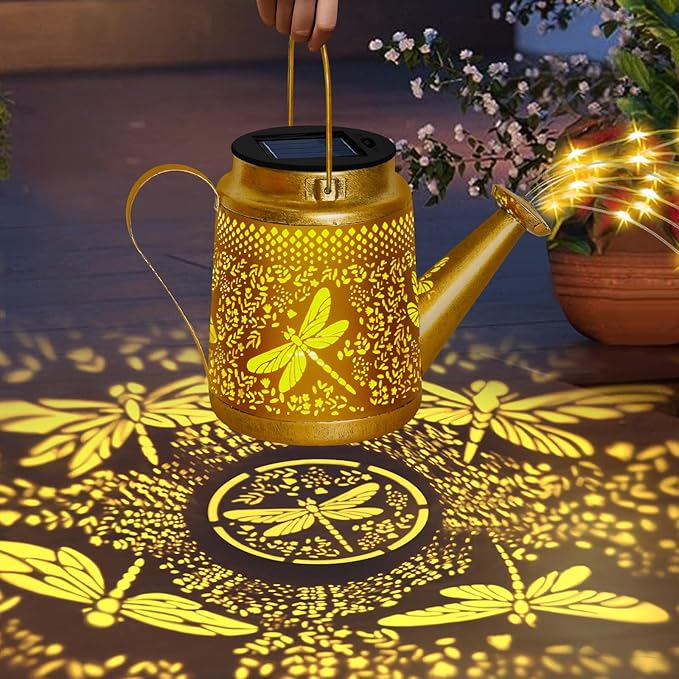 Solar Lanterns Dragonfly Outdoor Garden Decor, Mothers Day Gifts for Women Mom Grandma Birthday, Large Frog Hanging Watering Can with Shepherd Hook, Waterproof Garden Lights for Outdoor Yard