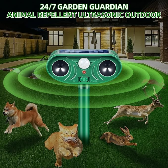 2026 Solar Animal Repellent Outdoor&Cat Repellent Outdoor with Motion Deer Repellent Devices Ultrasonic Cat Deterrent Fox Raccoon Squirrel Rabbit Coyote Deterrent for Farm Orchard Garden 2 PCS