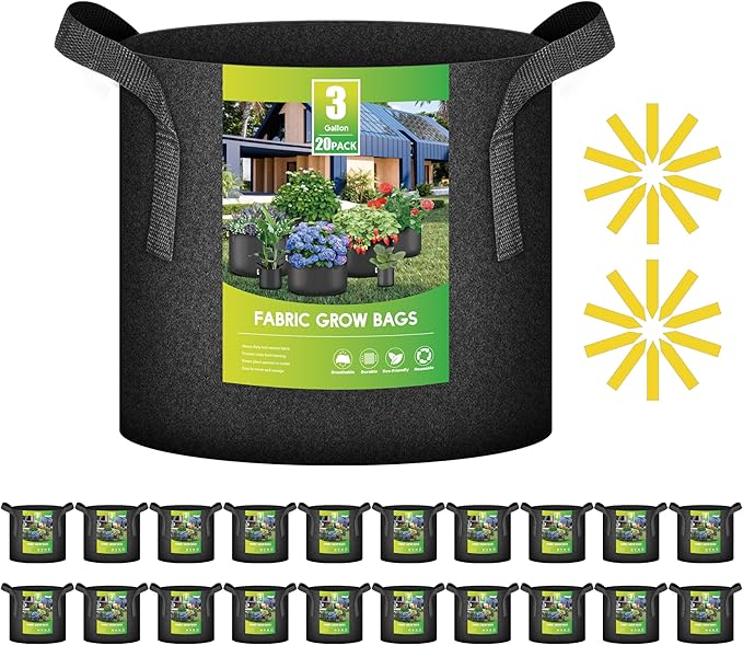 iPower Plant Grow Bag 3 Gallon 20-Pack Heavy Duty Fabric Pots, 300g Thick Nonwoven Fabric Containers Aeration with Nylon Handles, for Planting Vegetables, Fruits, Flowers, Black