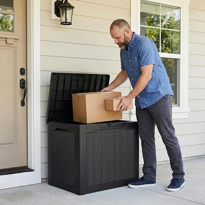 UDPATIO 30 Gallon Deck Box, Outdoor Storage Box Lockable Waterproof Resin, Indoor Outdoor Storage Container for Patio Cushions, Garden Tools, Pool Accessories, Package Delivery Boxes for outside
