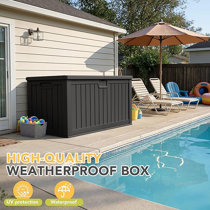 240 Gallon HDPE Deck Box Outdoor Indoor Waterproof Storage Box for Patio Furniture, Pool Accessories, Garden Tools, and Cushion Storage, Black